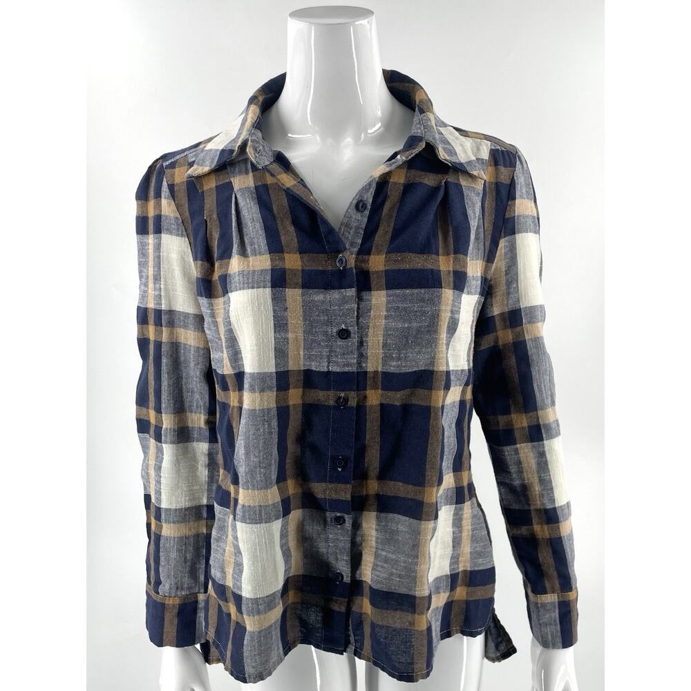 Brickyard Buffalo Plaid Top Sz Large Button Up Navy Blue Tan Ruffle Back Womens
